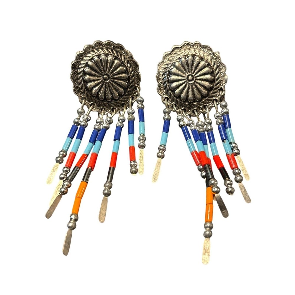 Vintage Southwestern Silver‎ Dangle Earrings Colorful Beaded tribal jewelry